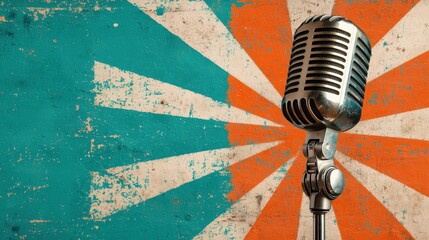 Vintage Microphone on Retro Sunburst Background: A Classic Recording Studio Image, Perfect for Music, Podcast, and Broadcast Projects