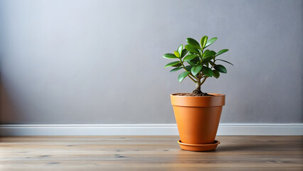 Fototapeta premium Plant in orange pot on wooden floor and blue wall background.