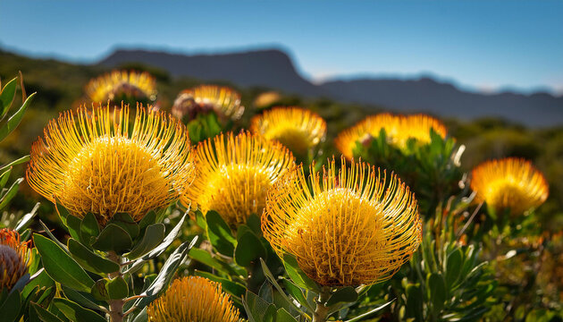 close up picture of vibrant yellow pincushion proteas within the western cape fynbos floral kingdom in south africa