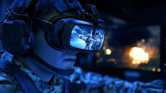 Soldier wearing virtual reality headset focusing on VR military training simulation, showcasing advanced tech and skill development at high tech facility