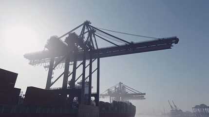 Obraz premium Container Ship at Port with Giant Cranes Loading Cargo
