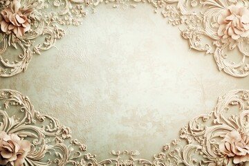  Ornate floral relief with soft pink roses on vintage background.