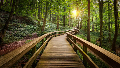 a serene direction winding through a lush woodland nature walkway timber foliage tranquility greenery hiking outdoor