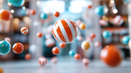 A dynamic scene featuring colorful striped and solid spheres in mid-air, creating a sense of movement and excitement against a blurred backdrop.
