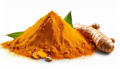 turmeric powder and turmeric root isolated on background with fresh ginger rhizome