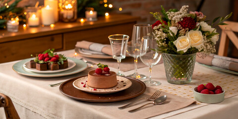 Fototapeta premium Chocolate Mousse Cake With Fresh Berries On An Elegant Dinner Table With Candles, Crystal Glasses, And Floral Decor. Perfect For Celebrations, Restaurants, Holiday Dinners, And Luxury Dining Promotion