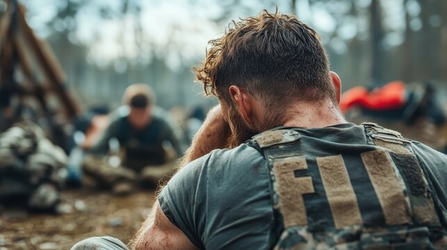 A soldier sits thoughtfully at a base camp, reflecting on his experiences. His posture suggests contemplation, capturing the emotional weight of military service. - Powered by Adobe