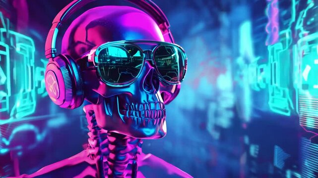 A vibrant skeleton wearing headphones and sunglasses while dancing to music in a neon lit digital environment filled with glowing abstract shapes