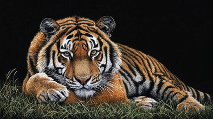 Majestic Tiger Relaxing in Lush Grass with Dark Background
