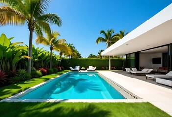 Beautiful backyard of elegant and modern house in the Nautilius neighborhood of Miami Beach, swimming pool, short grass, trees and tropical plants, blue sky in the background
