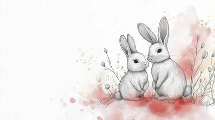 Obraz premium Charming hand-drawn Easter illustration of two rabbits in floral scene