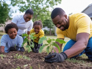 Family enjoys a day of outdoor gardening, planting seeds and learning about nature together. A diverse group of children are engaged in the activity.
