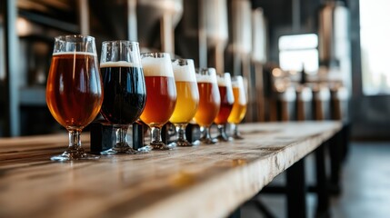 A beautifully arranged display of various beer types in elegant glasses, showcasing a range of colors and styles perfect for enthusiasts and connoisseurs alike.