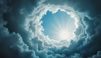 Obraz premium Swirling clouds in hurricane eye with sunlight above, surreal power