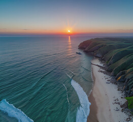 Naklejka premium Summer closeup sunset sea sky landscape. Colorful ocean beach sunrise. Beautiful beach reflections calm waves, soft sandy beach. Perfect tropical coast horizon scenic coast view.generative ai