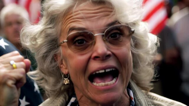 Angry mature senior  merican woman full of hate screaming. whining at you