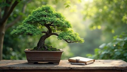 Serene Bonsai Tree in a Tranquil Garden Setting