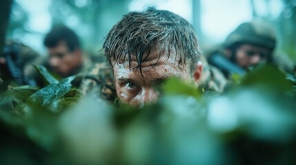 A soldier camouflaged in the dense greenery, showcasing the intensity and focus required in military operations and the challenges of survival.