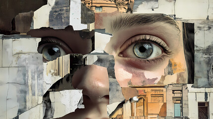 Torn facades artistic representations of fragmented identity in surreal collage. Surreal Collage. Illustration