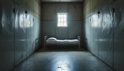 Minimalistic prison cell with barred window, stark solitude
