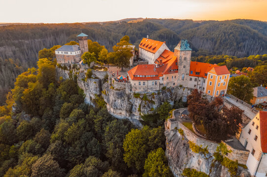 Village Hohnstein with Hohnstein castle and medieval half-timbered houses. Medieval building in Saxon Switzerland