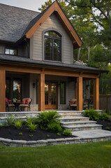 Obraz premium Modern Gray House with Wooden Porch and Stone Steps. Luxury Real Estate, Contemporary Home Exterior Design, Beautiful Landscaping