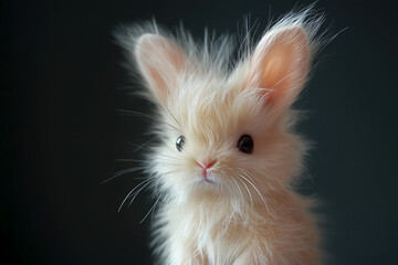 Obraz premium Fluffy bunny with light fur and large ears sits adorably in front of a dark background, showcasing its playful personality in a cozy indoor location, perfect for animal lovers.