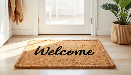 Natural coir doormat in minimalist entryway, warm welcome ambiance