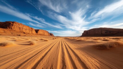 Naklejka premium A rugged dirt trail cuts through a stunning desert landscape, surrounded by magnificent rock formations under a bright blue sky adorned with wispy clouds.