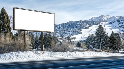 Blank Billboard in Snowy Mountain Winter Landscape