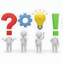 Four stylized 3D figures, each positioned beside a large symbol.  First figure stands beside a red question mark,  exhibiting a neutral expression and a pose of questioning, with arms outstretched.  