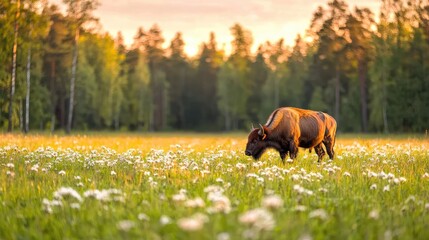 Bison grazing sunset meadow forest