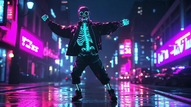 A neon skeleton performs a lively dance amidst bright lights and bustling streets in a futuristic urban environment during Halloween night