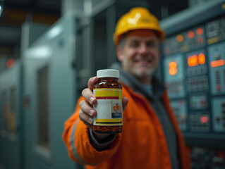 Industrial Worker Holding Medication Bottle with Blurred Background and Technological Controls