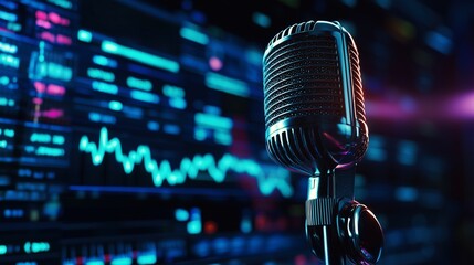 Retro Microphone in a Futuristic Setting: A Captivating Blend of Vintage and Modern Technology. The image depicts a classic microphone against a backdrop of vibrant digital data streams