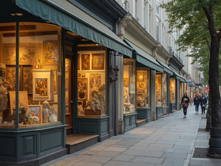 European Art Shops on Quiet Overcast Day with Vintage and Sculptures on Display