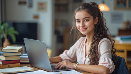 Fototapeta premium smiling positive girl sitting at table with laptop, online learning