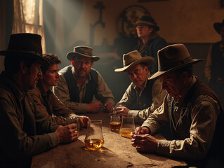 Mysterious Saloon Scene: Cowboys Gather Around Dimly Lit Table with Whiskey Glasses, Intense Expressions, Warm Golden Light, Dramatic Shadows
