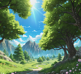 Fantasy realistic Stunning natural objects including lakes and mountains.mountains lake boat Background and use it as your wallpaper, posters and banners.Generative AI	