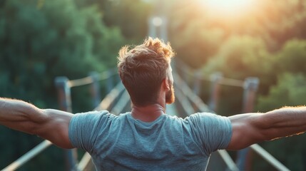 A man stands on a bridge, arms wide open, embracing the sunset and nature around him, symbolizing freedom, adventure, and the beauty of life in a tranquil moment.
