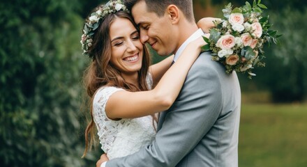 Joyful couple embracing in a romantic outdoor wedding setting
