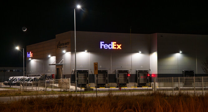 Nitra, Slovakia - January, 31, 2025 : FedEx sign on a office building in Nitra. Slovakia. FedEx Corporation is an American global courier delivery services company.