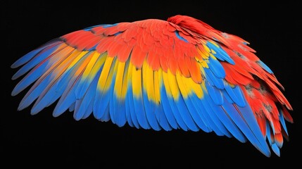Obraz premium A colorful bird wing with blue, red, and yellow feathers. The wing is spread out and he is in motion
