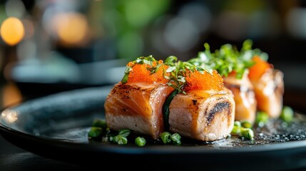 This delicious image showcases a beautifully arranged sushi platter, garnished with fresh herbs and vibrant colors, perfect for culinary enthusiasts.