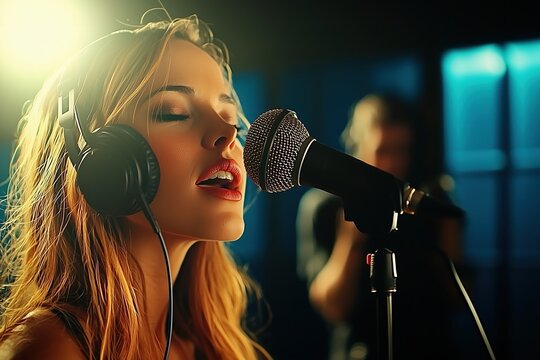 A captivating portrait of a female vocalist passionately singing into a microphone during a studio recording session. Her intense focus and emotional expression showcase her musical talent