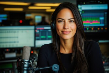 Confident Female Radio Host Broadcasting in Professional Studio Setting.  A captivating portrait of a woman with headphones and microphone, ready to engage her audience.
