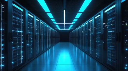 Obraz premium A futuristic server room illuminated by cool blue lights, showcasing organized server racks and advanced digital infrastructure. Perfect for technology, IT, and data center themes