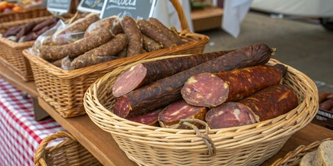 Gourmet Meat Platter with Assorted Sausages in a Rustic Basket