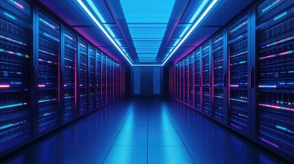 A vibrant server room with glowing blue and purple LED lights, showcasing rows of advanced server racks in a futuristic setting, ideal for IT, cloud computing, and data center visuals