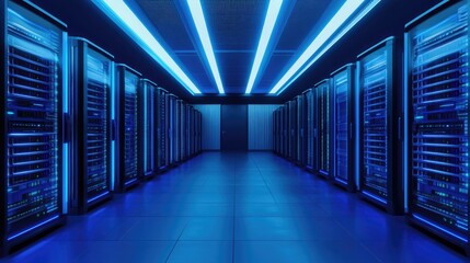 Fototapeta premium A sleek server room illuminated with blue lights, featuring rows of modern servers in a high-tech environment, perfect for IT, data center, or cloud computing visuals